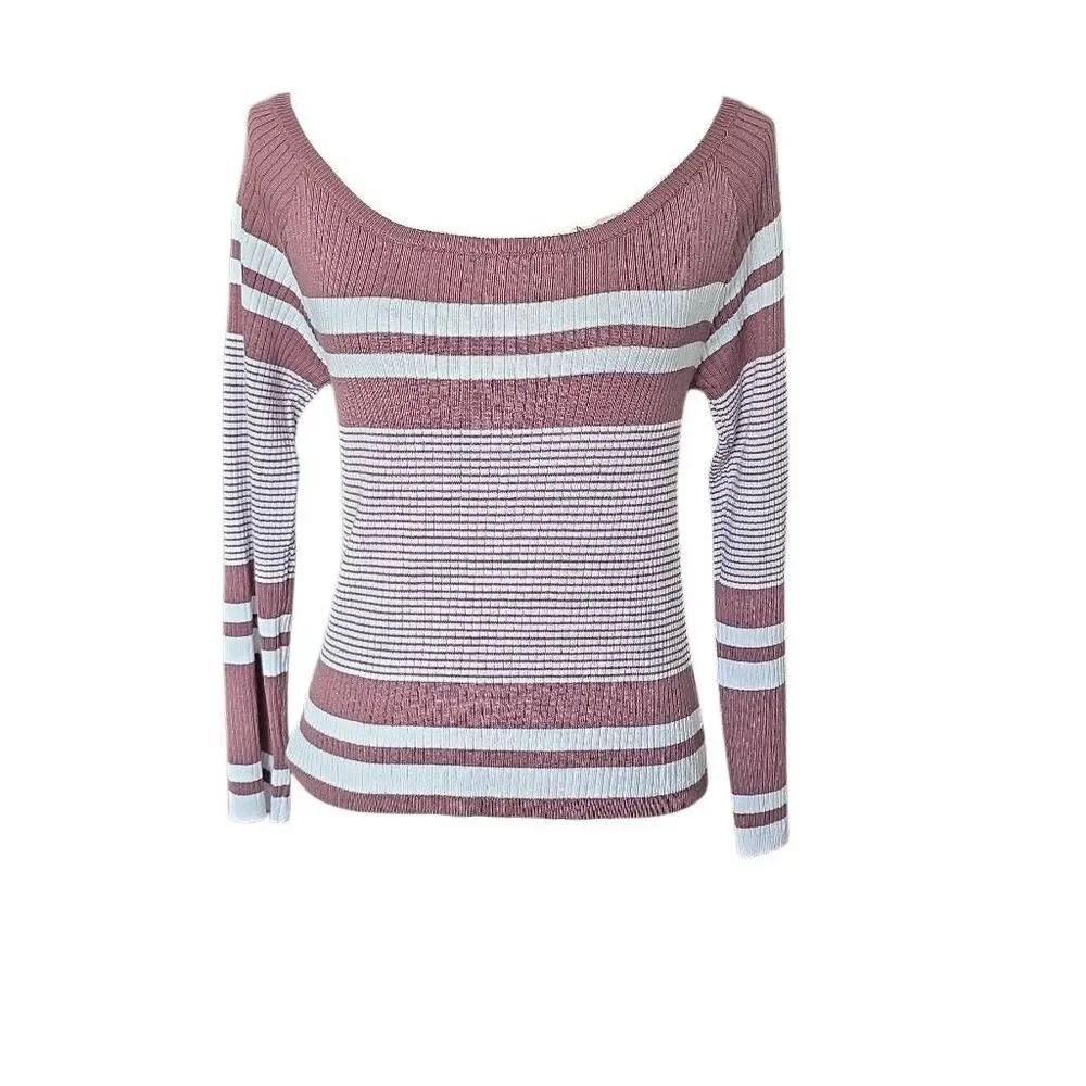 Closet Space Women's Size XL Mauve White Striped Ribbed Scoop Neck Knit Top